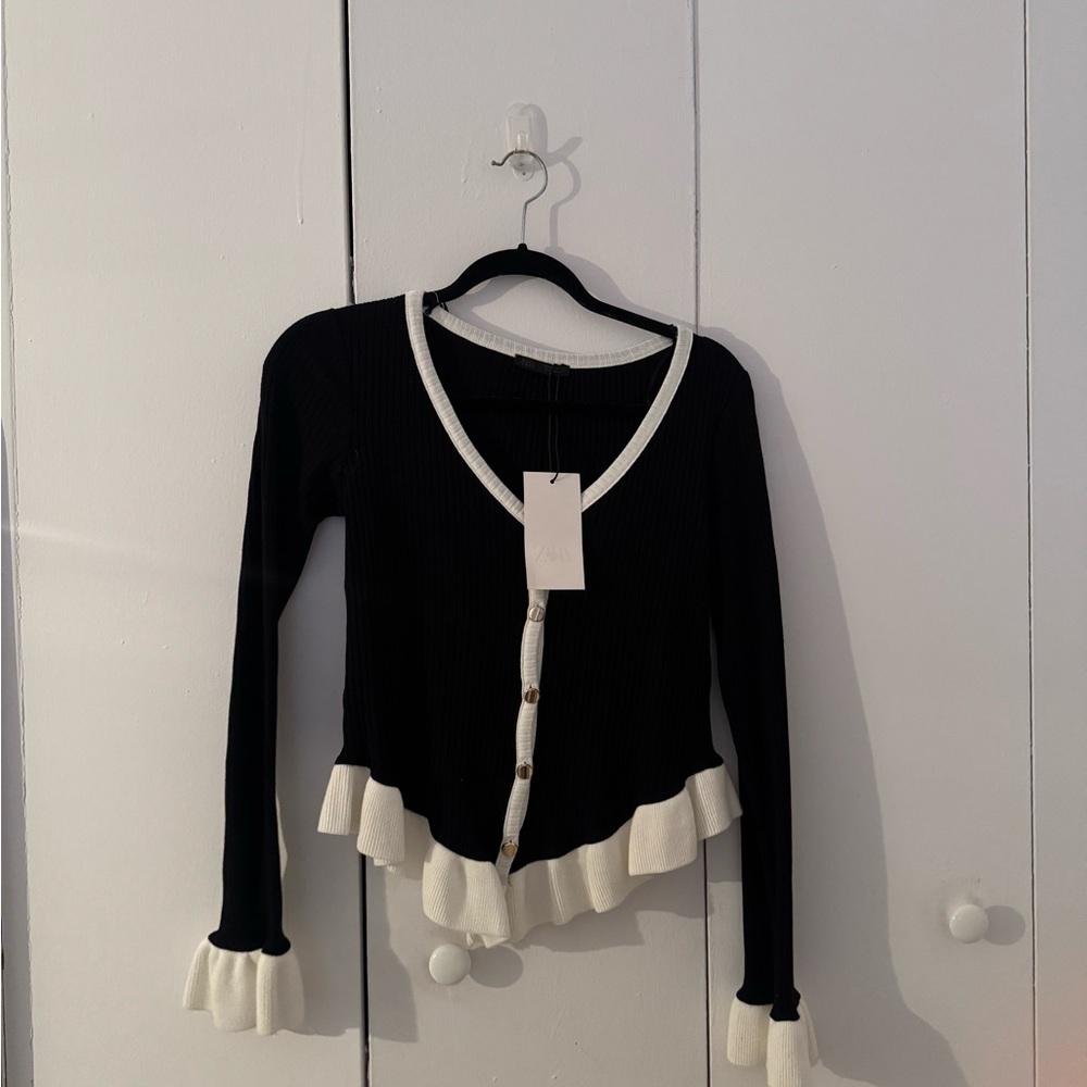Zara black and white button cardigan with ruffle detail